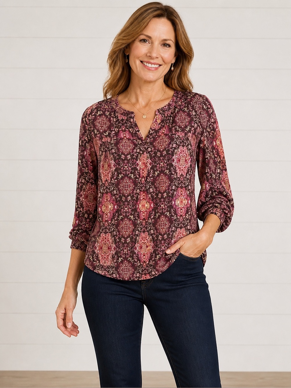 Dressbarn Boho Paisley Blouse Medium Burgundy Pink Sheer Peasant Top